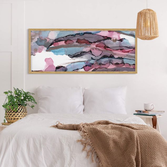 Tableau abstrait Vagues de surf en violet avec rose et or