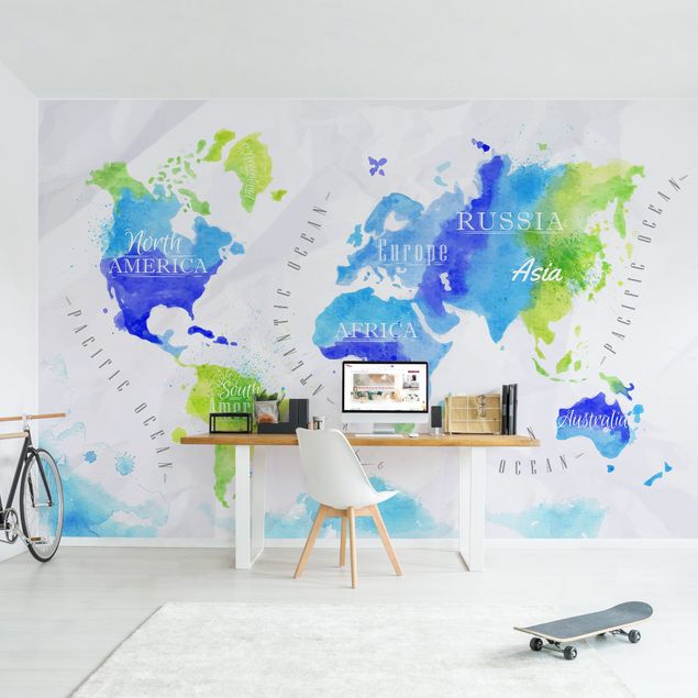 Décoration chambre bébé Carte du Monde Aquarelle Bleu Vert