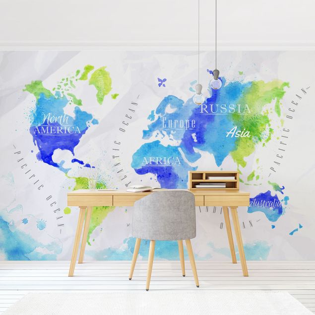 Papiers peints modernes Carte du Monde Aquarelle Bleu Vert