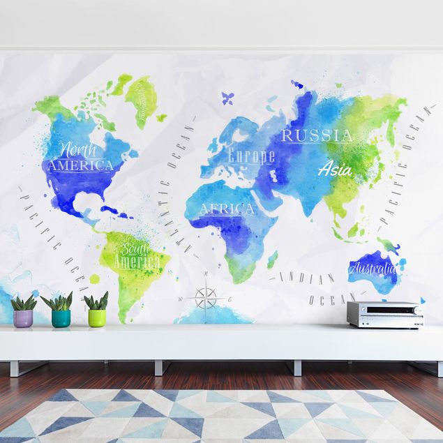 Papier peint mappemonde Carte du Monde Aquarelle Bleu Vert