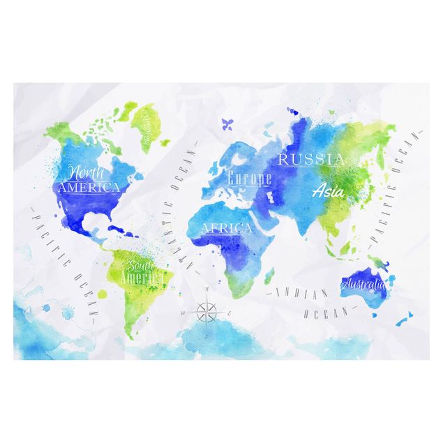 tapisserie panoramique Carte du Monde Aquarelle Bleu Vert
