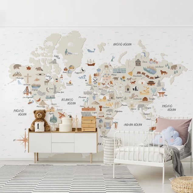 Papiers peints modernes Carte du monde avec des lieux d'intérêt