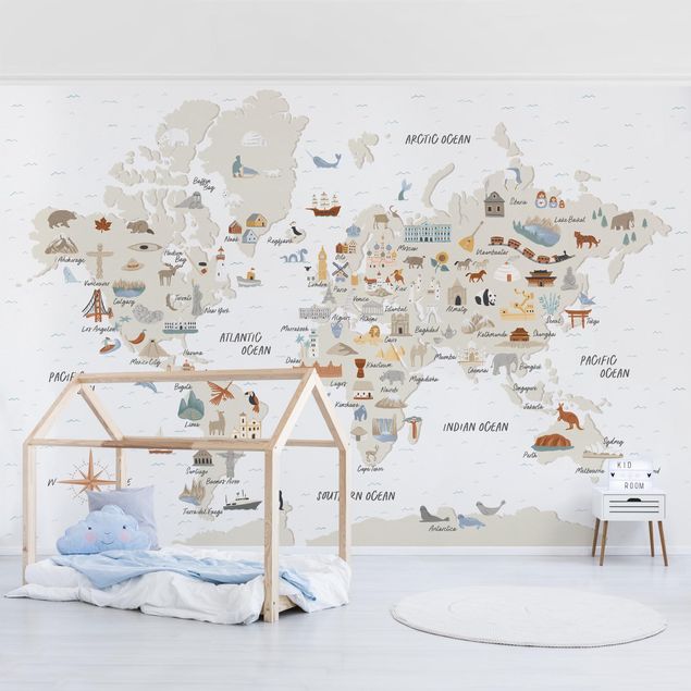 Papier peint mappemonde Carte du monde avec des lieux d'intérêt