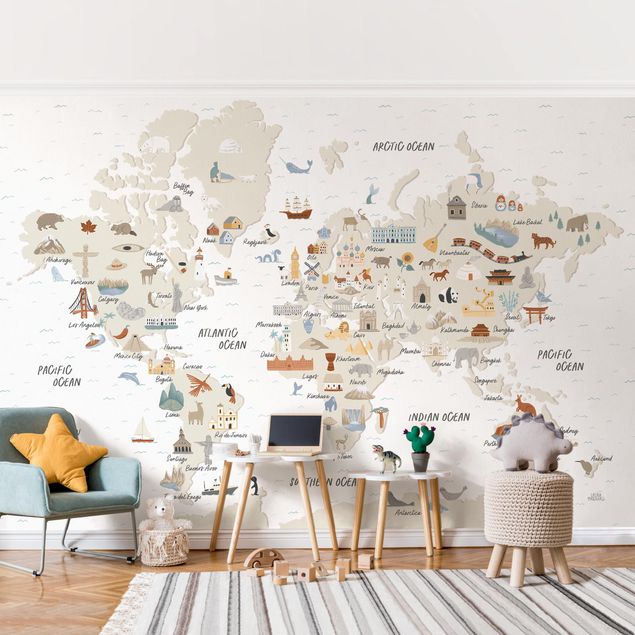 Papiers peints rose Carte du monde avec des lieux d'intérêt