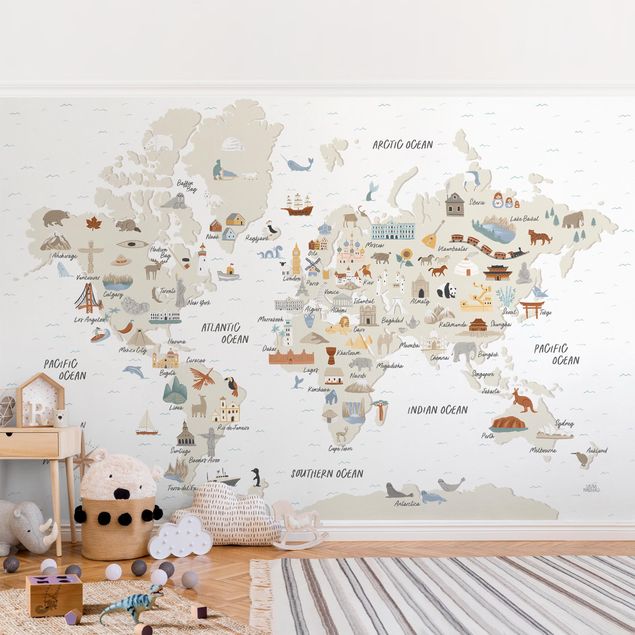 tapisserie panoramique Carte du monde avec des lieux d'intérêt