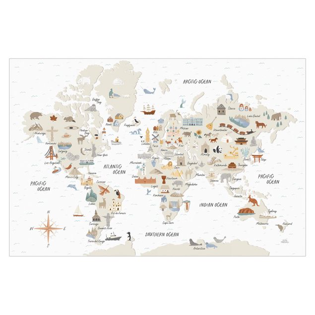 Papier peint - Carte du monde avec des lieux d'intérêt
