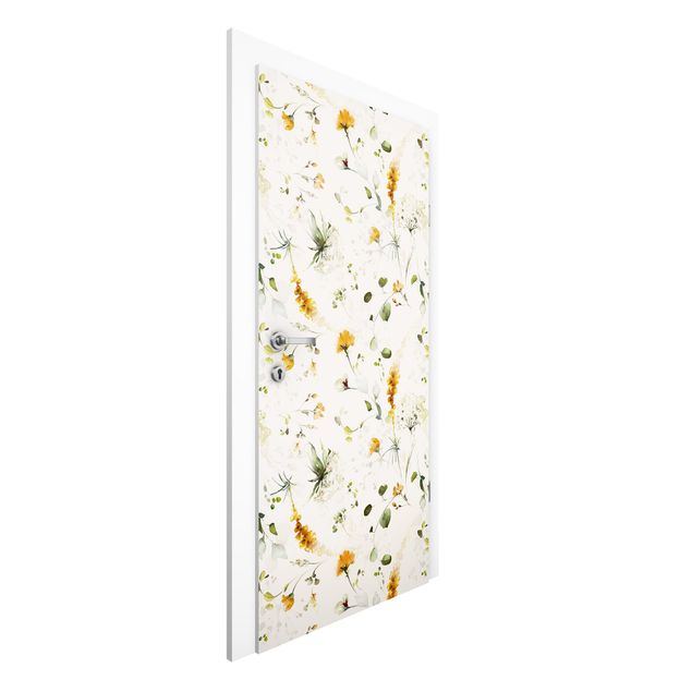 Papier peint moderne Motif de fleurs des champs aquarelle sur beige