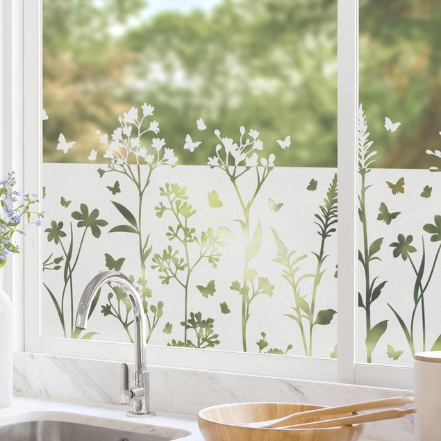Stickers fenêtre fleurs Fleurs sauvages avec bordure de papillons