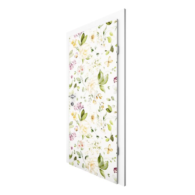Papiers peints pour portes fleurs Motif de fleurs des champs et roses blanches aquarelle