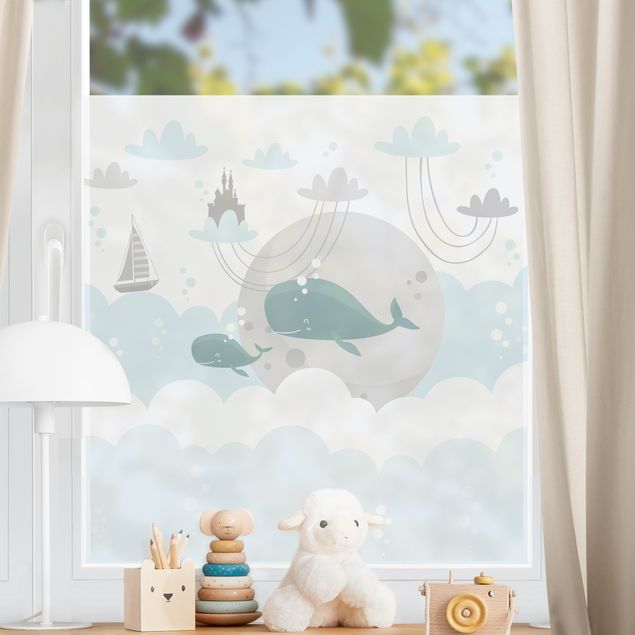 Stickers fenêtre animaux Nuages avec baleine et château