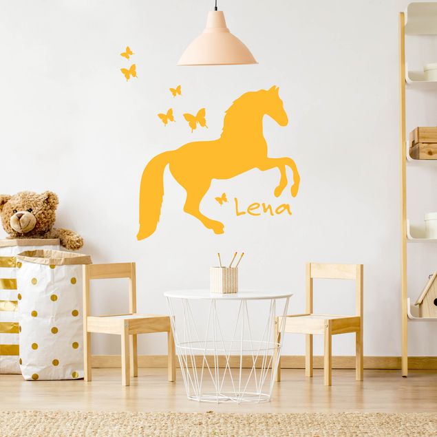 Sticker mural chevaux Cheval et papillons avec nom personnalisé