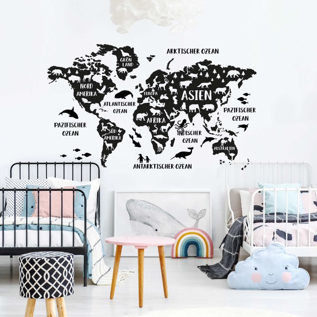 Stickers muraux mappemonde Carte du monde XXL avec animaux