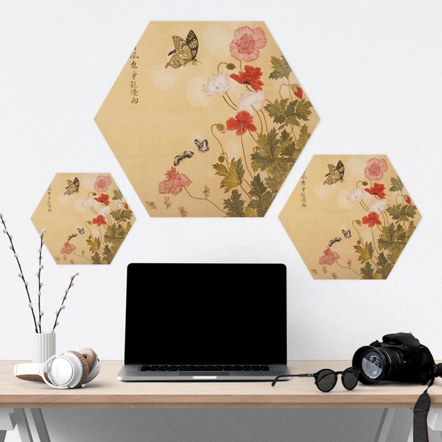 Tableau hexagon Yuanyu Ma - Poppy Flower And Butterfly