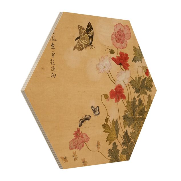 Tableaux en bois avec fleurs Yuanyu Ma - Poppy Flower And Butterfly