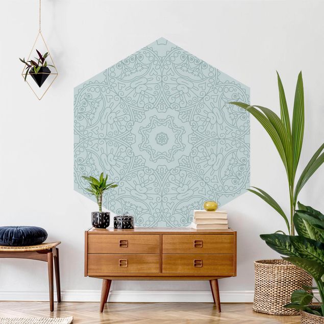 papier peint graphique Fleur Mandala dentelée avec étoile en turquoise