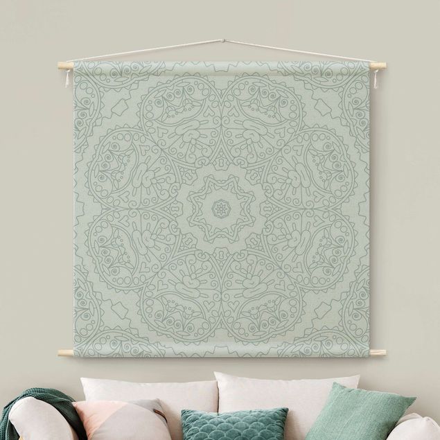tenture murale bohème chic Jagged Mandala Flower With Star In Turquoise