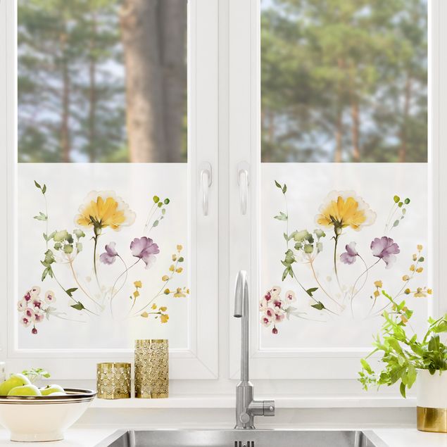 Décoration pour fenêtre - Délicates fleurs jaunes et violettes aquarelle