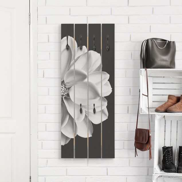 Porte-manteaux muraux avec fleurs Dahlia délicat en noir et blanc