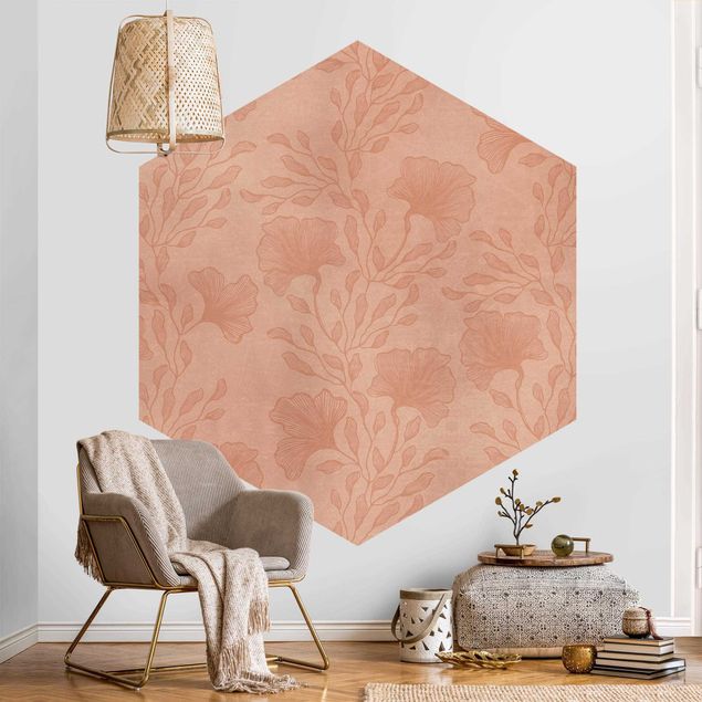 Papier peint fleurs Branches délicates en or rosé