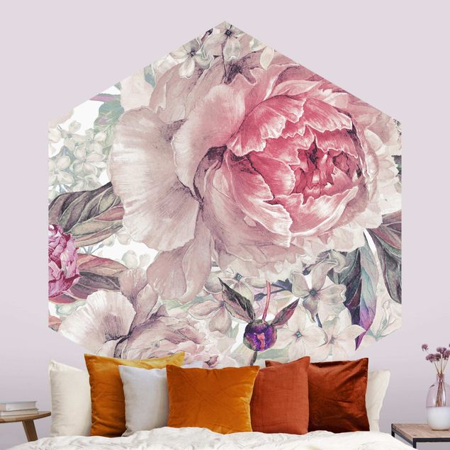 Papier peint fleur rose Motif délicat de pivoines à l'aquarelle