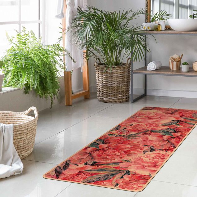 tapis rouge pas cher Aquarelle délicate à motif de pivoine rouge