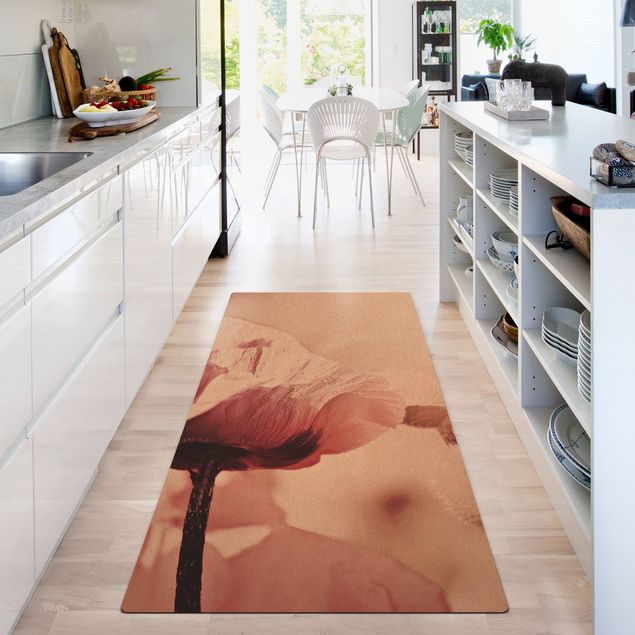 tapis salon moderne Fleur de coquelicot rose pâle avec gouttes d'eau