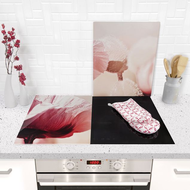 Cache plaques de cuisson fleurs Fleur de coquelicot rose pâle avec gouttes d'eau