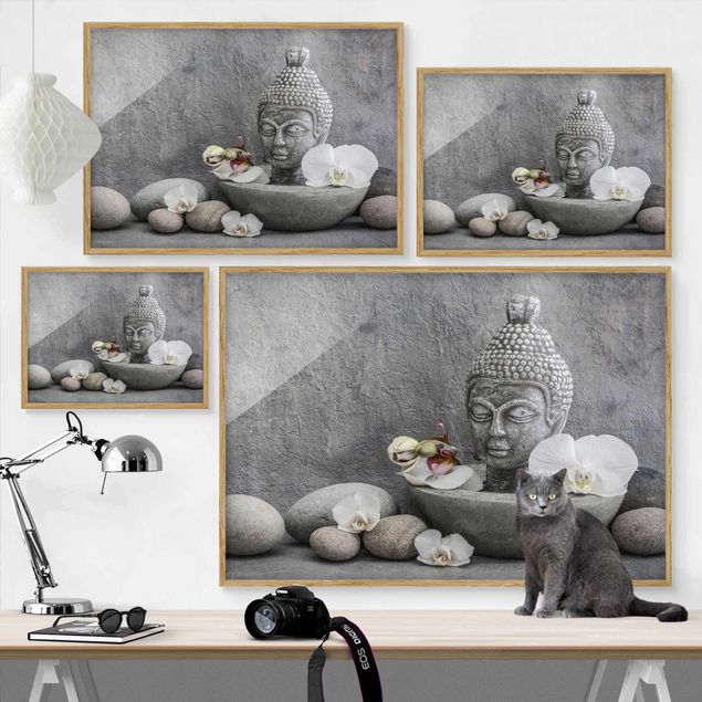 Tableau ton gris Bouddha Zen, Orchidée et Pierre