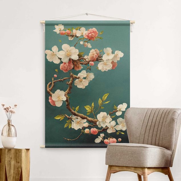tenture murale xxl Branch With Flowers On Turquoise